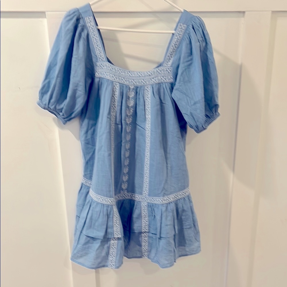 SHORE Chic Blue Mini Dress with Embroidered Details
